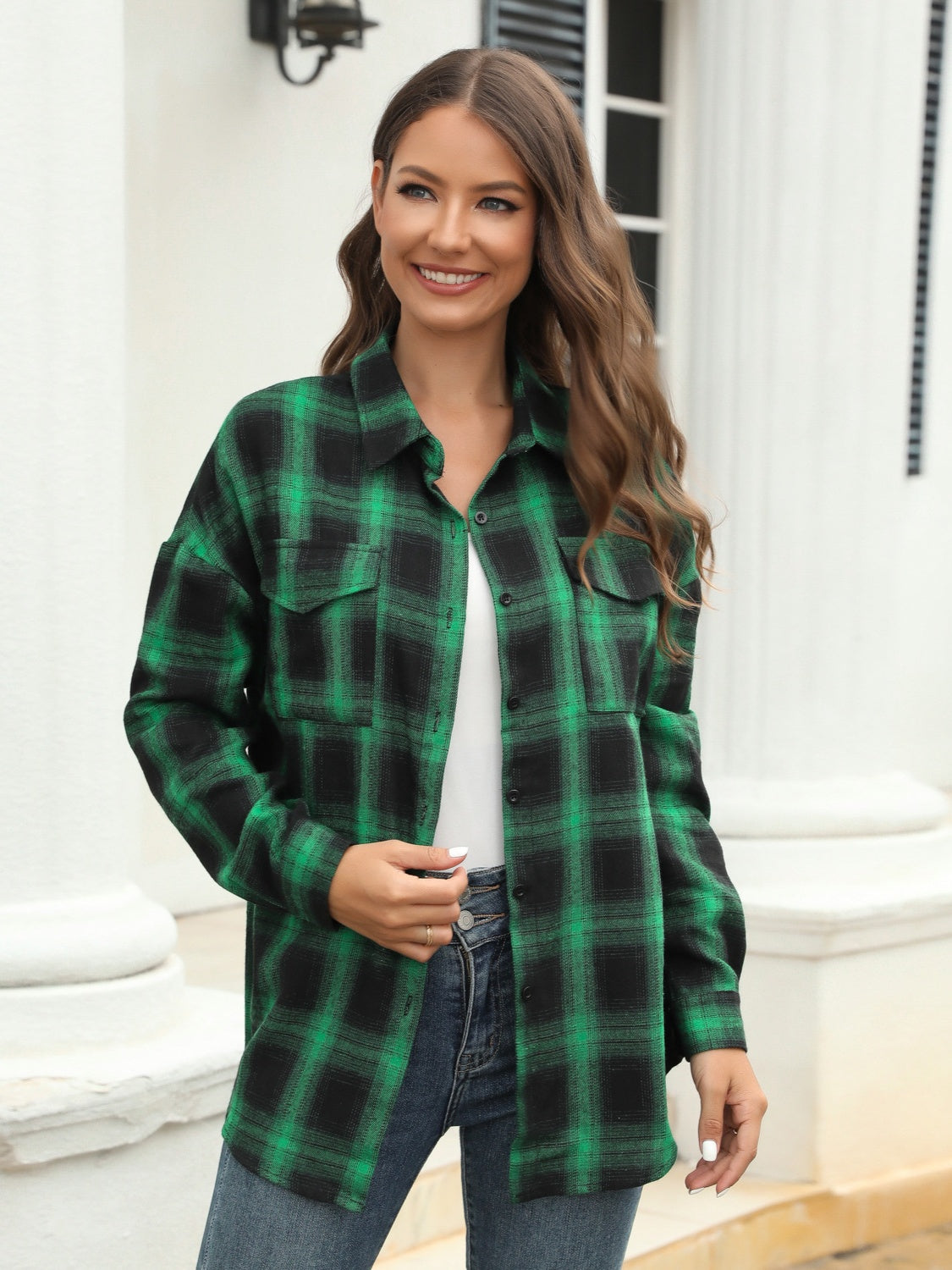 Full Size Plaid Button Up Pocketed Shirt