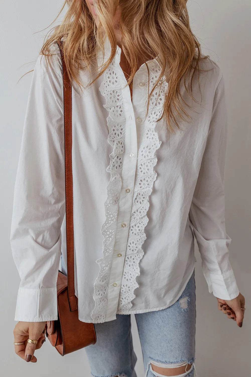 Eyelet Button Down Long Sleeve Shirt