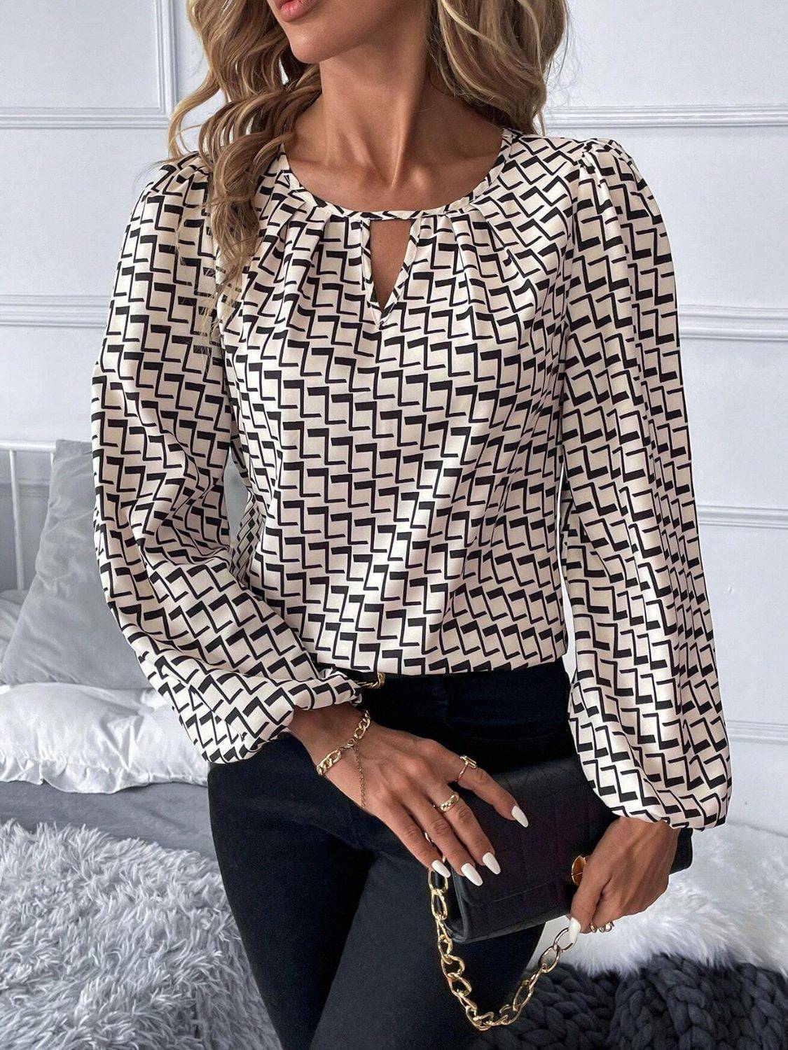 Cutout Printed Long Sleeve Blouse