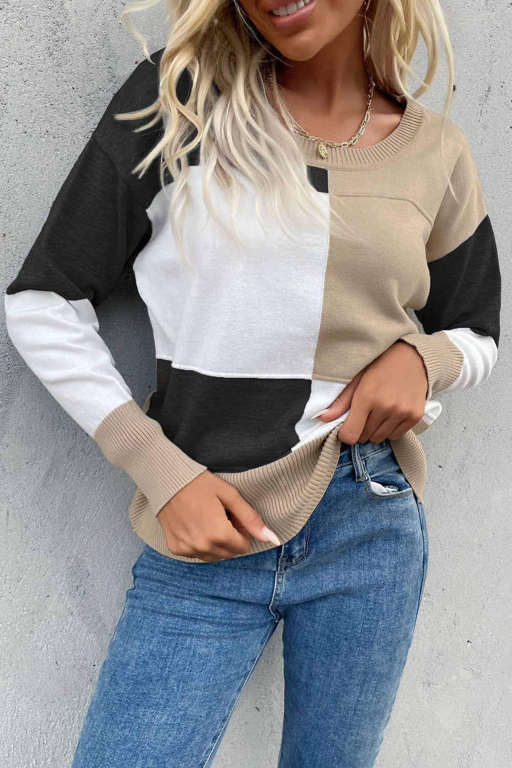 Perfee Color Block Ribbed Trim Round Neck Knit Pullover