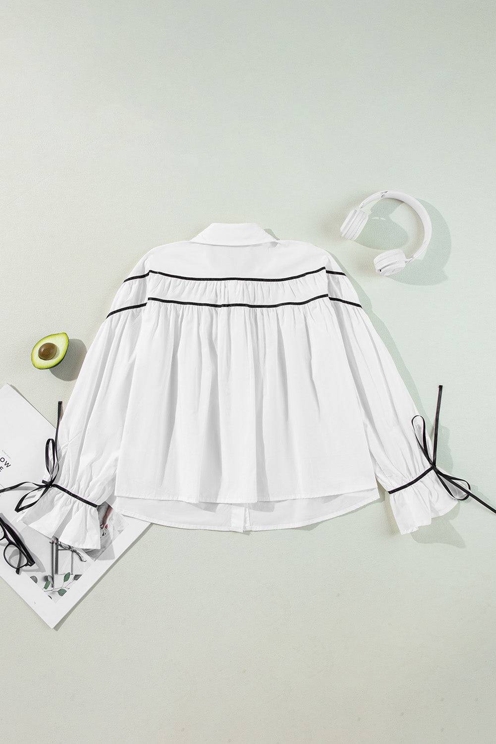 Ribbon Bowtie Collared Neck Flounce Sleeve Shirt