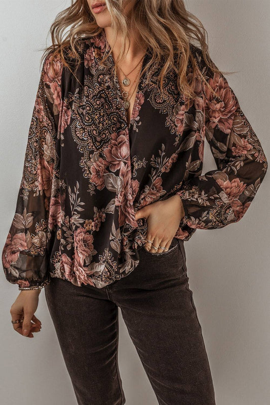 Printed Surplice Long Sleeve Blouse