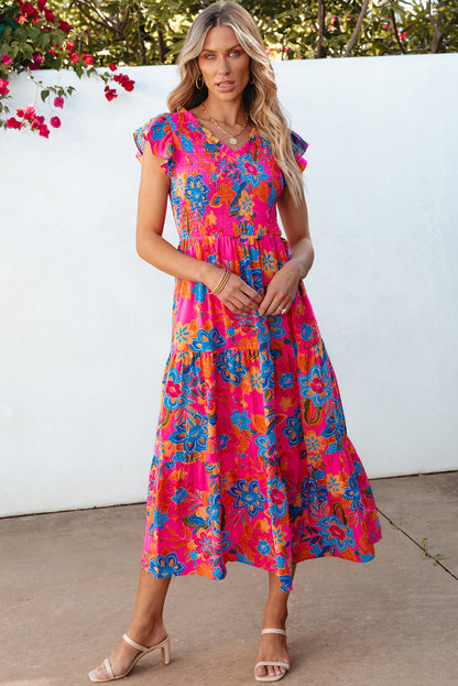 Rose Red Boho Floral V Neck Ruffle Tiered Long Dress