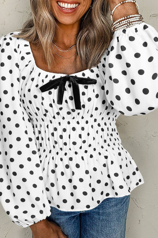 Bow Polka Dot Square Neck Long Sleeve Blouse