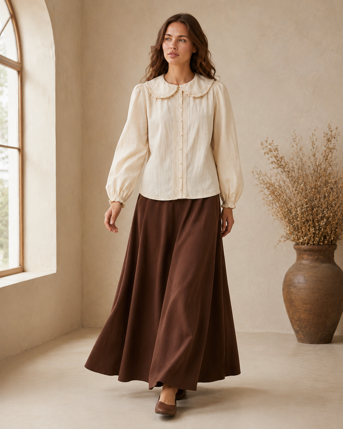 Contrast Stitch Peter Pan Collar Top in Cream