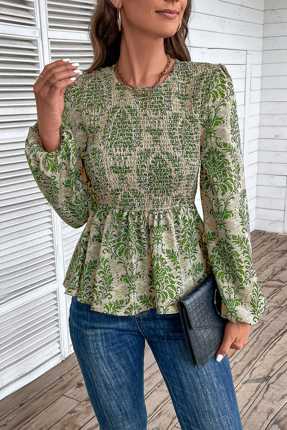 Perfee Smocked Printed Balloon Sleeve Blouse