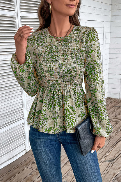 Perfee Smocked Printed Balloon Sleeve Blouse