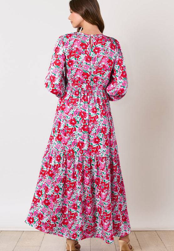 Printed Round Neck Lantern Sleeve Maxi Dress