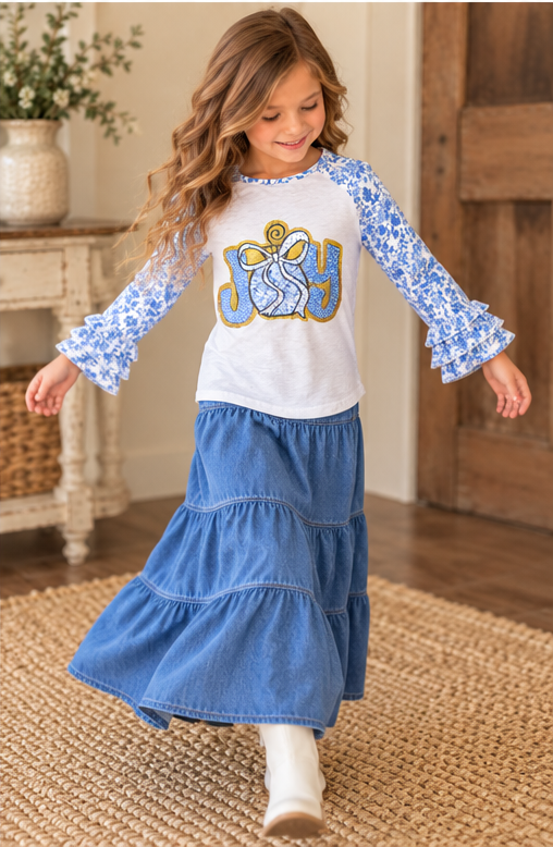 Girls Blue Toile JOY Christmas Ruffle Sleeve Top product image 3