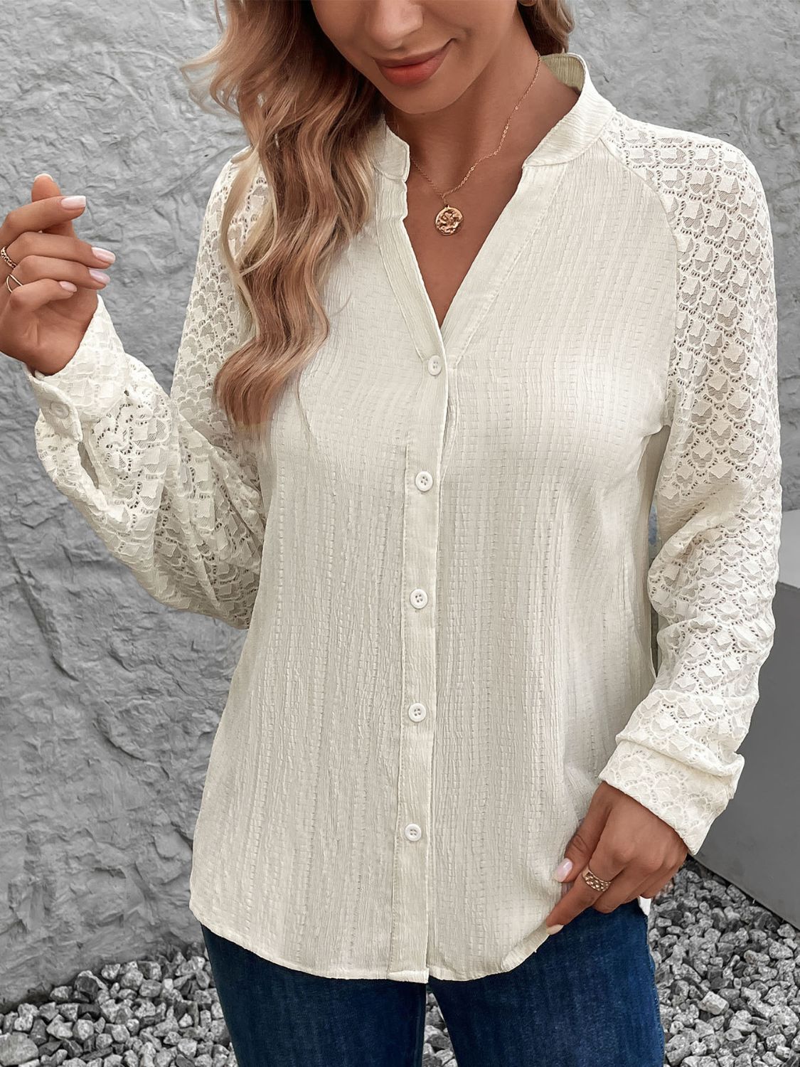 Perfee Textured Notched Long Sleeve Shirt