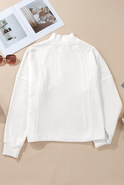 White Zipped Neck Pullover Drop Shoulder Sweatshirt