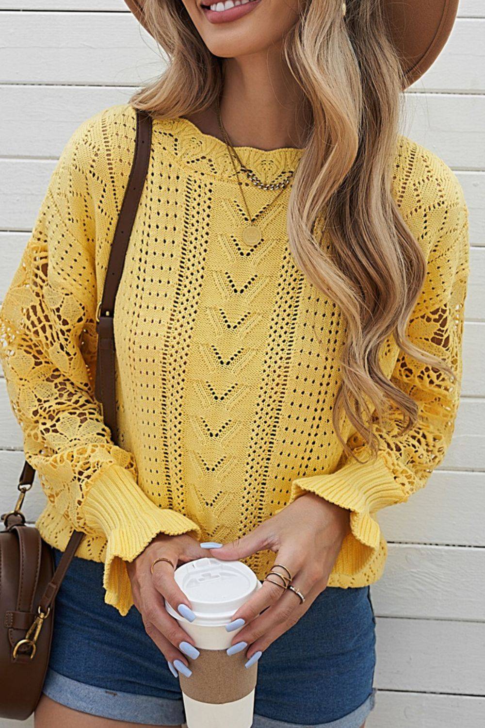 Openwork Round Neck Long Sleeve Sweater