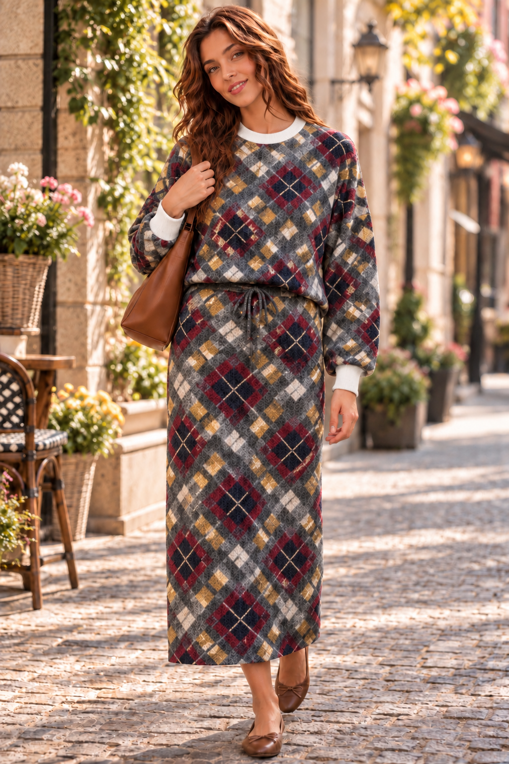 Brown and denim blue argyle two-piece knit top and skirt set