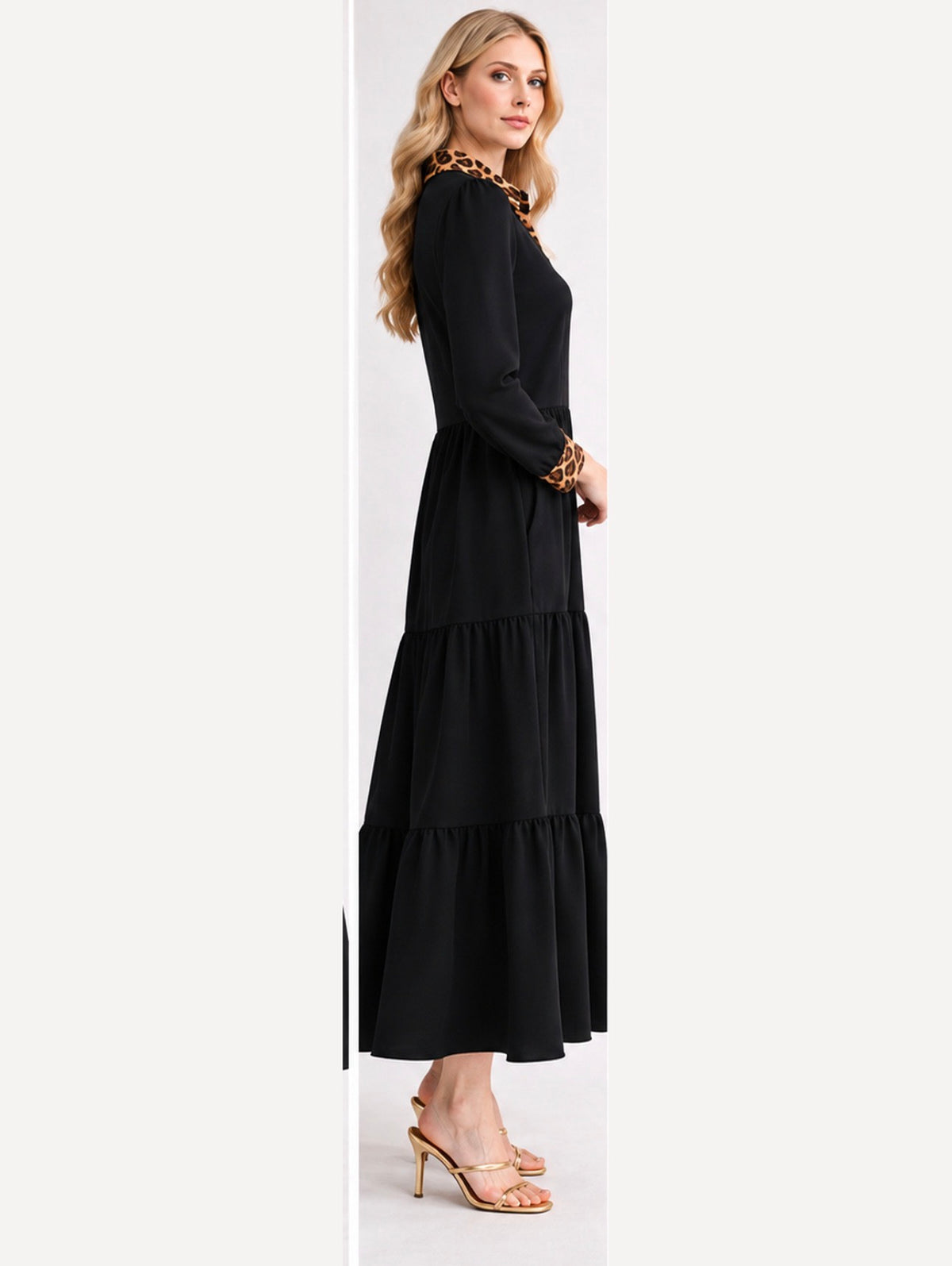 Modest tiered maxi dress with leopard details