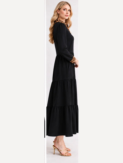 Modest tiered maxi dress with leopard details