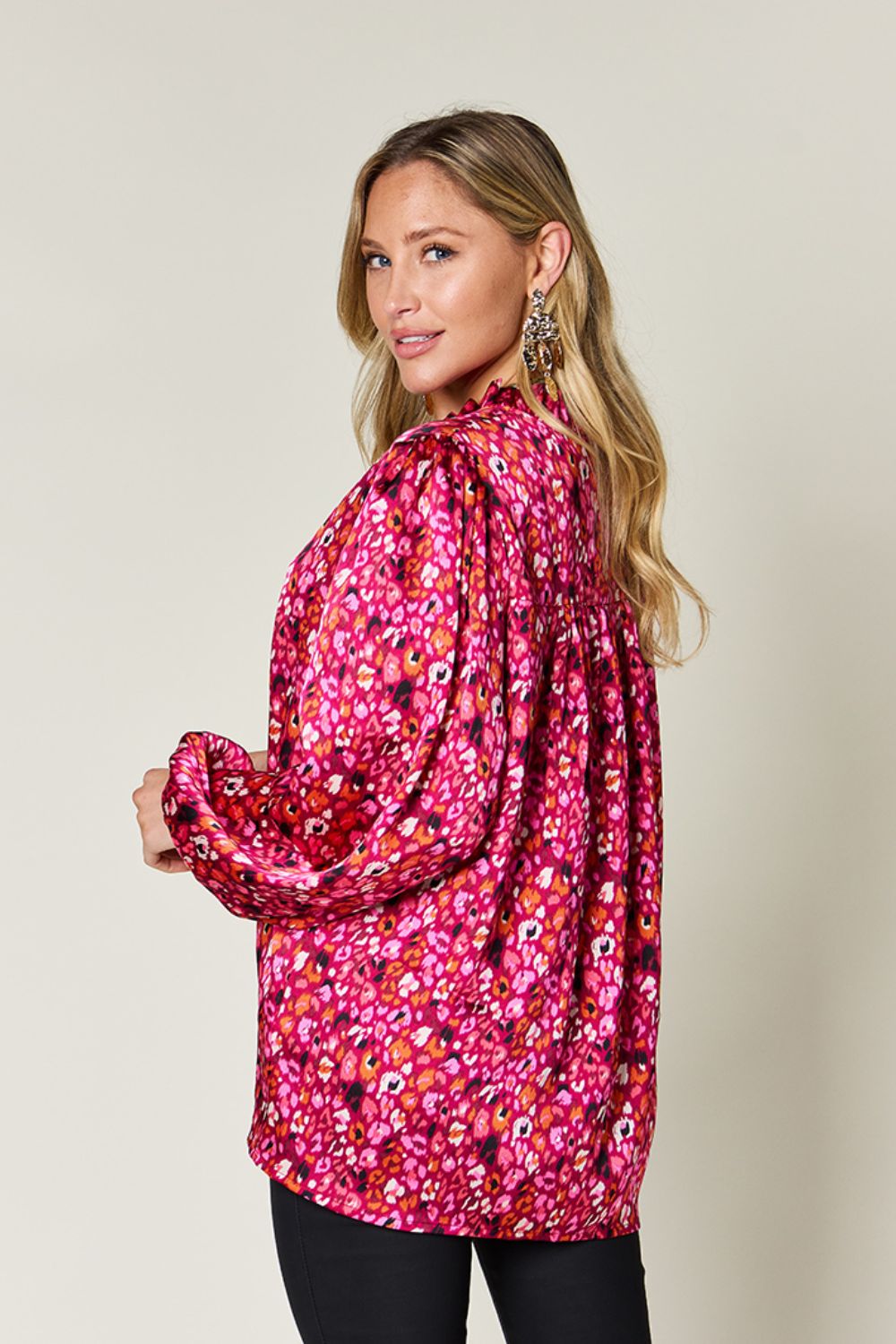 Double Take Full Size Printed Balloon Sleeve Shirt