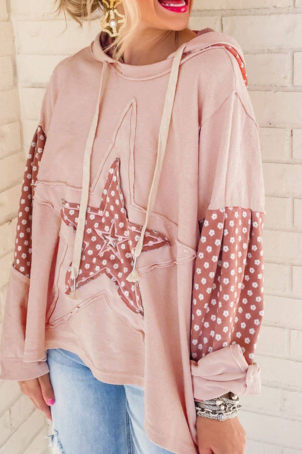 Floral Patchwork Star Pattern Drawstring Hoodie