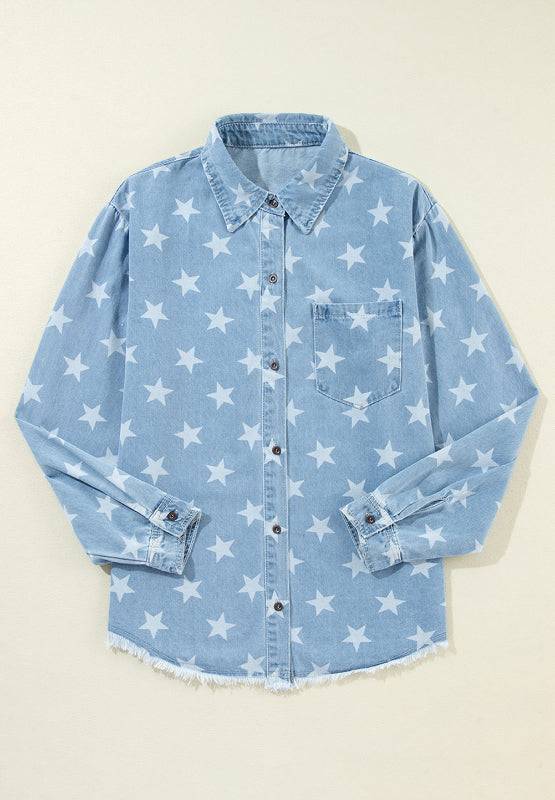 Raw Hem Star Collared Neck Denim Top