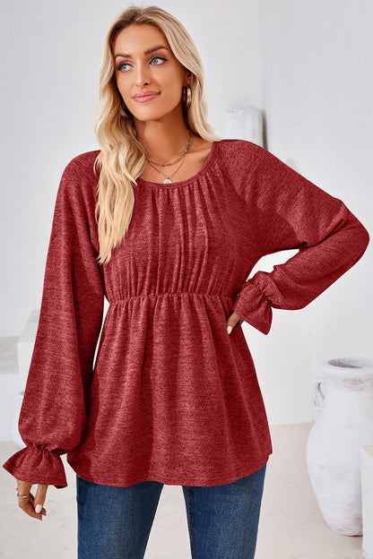 Ruched Round Neck Flounce Sleeve Blouse