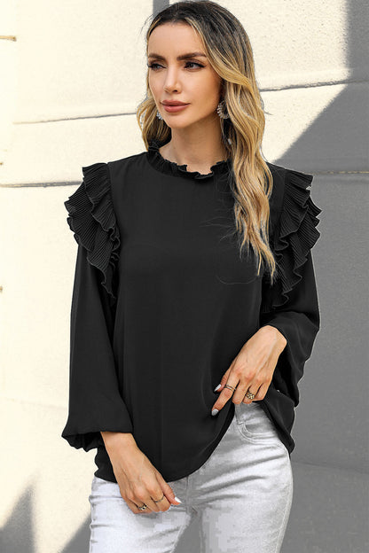 Ruffled Round Neck Long Sleeve Blouse