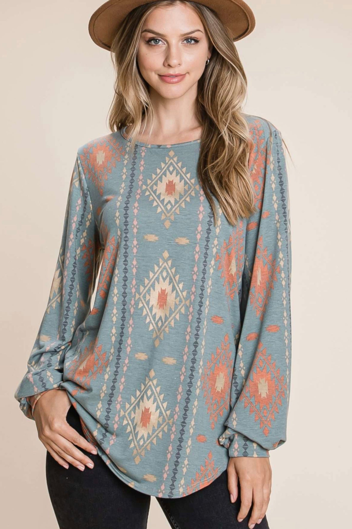 Bombom TL1601A Aztec Print Loose Fit Tunic Top