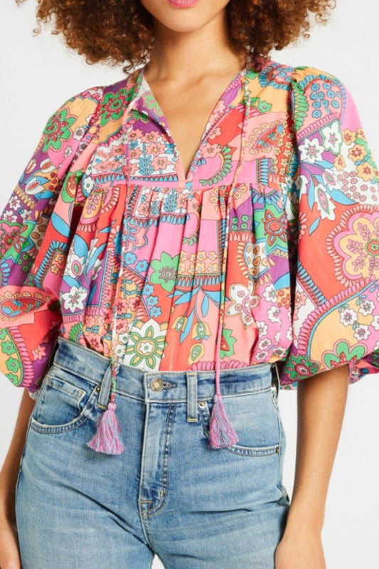 Printed Tie Neck Three-Quarter Sleeve Blouse