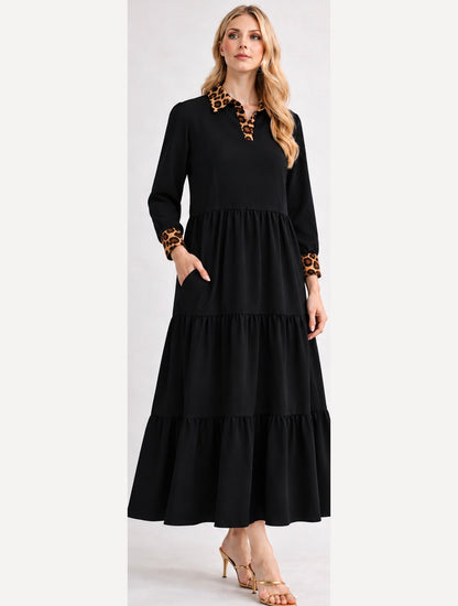 Modest tiered maxi dress with leopard details