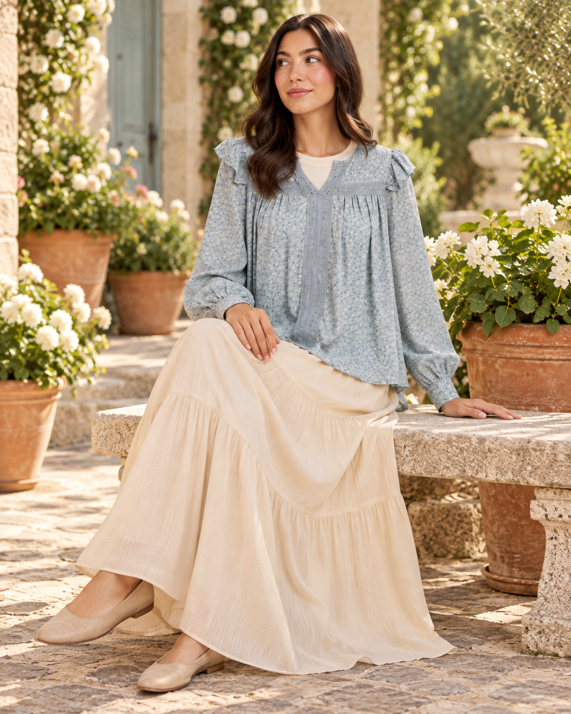 Ruffle Shoulder V-Neck Long Sleeve Blouse