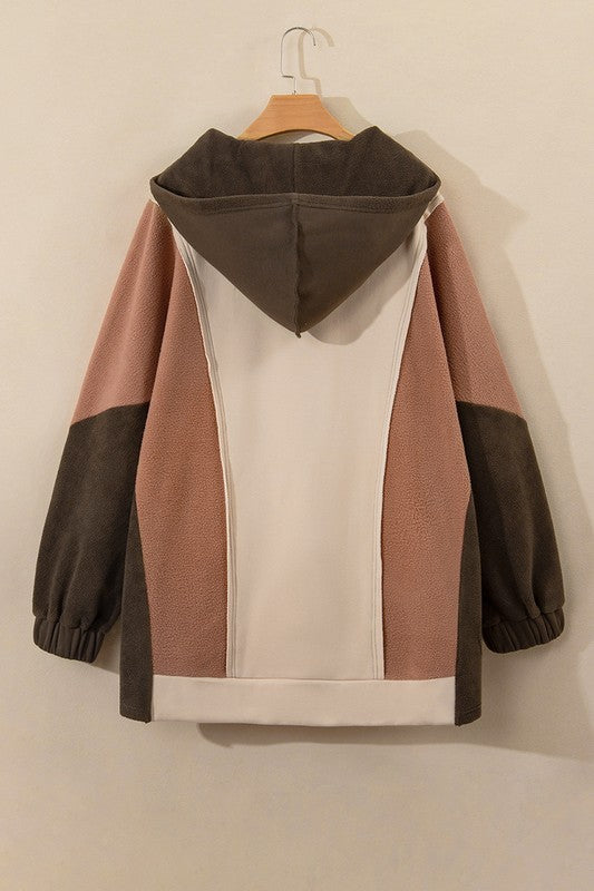 Brown Exposed Seam Colorblock Plus Size Hoodie