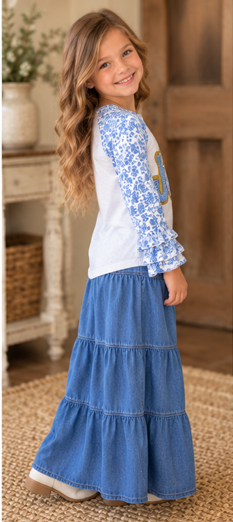 Girls Blue Toile JOY Christmas Ruffle Sleeve Top product image 4