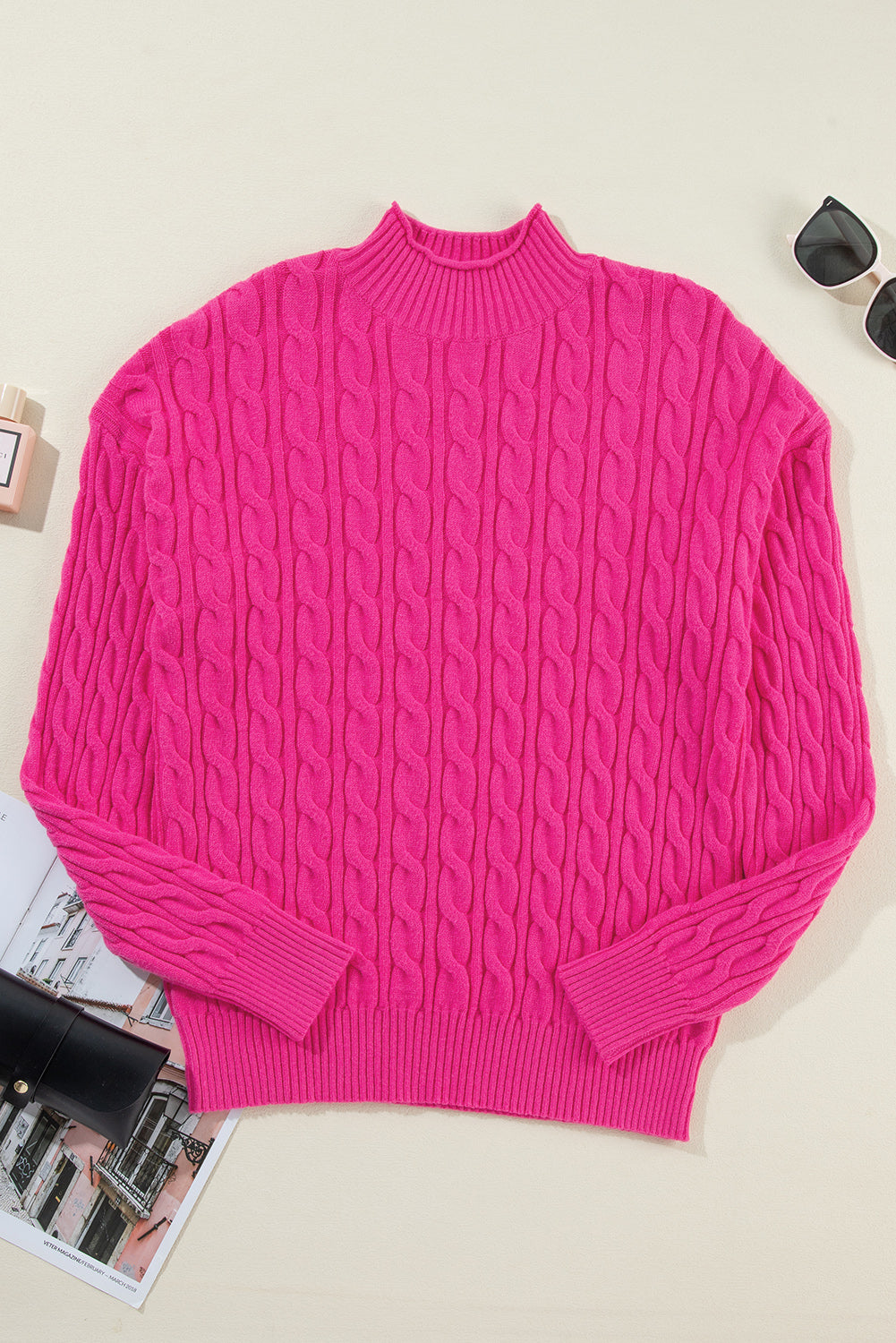 Cable-Knit Mock Neck Long Sleeve Sweater