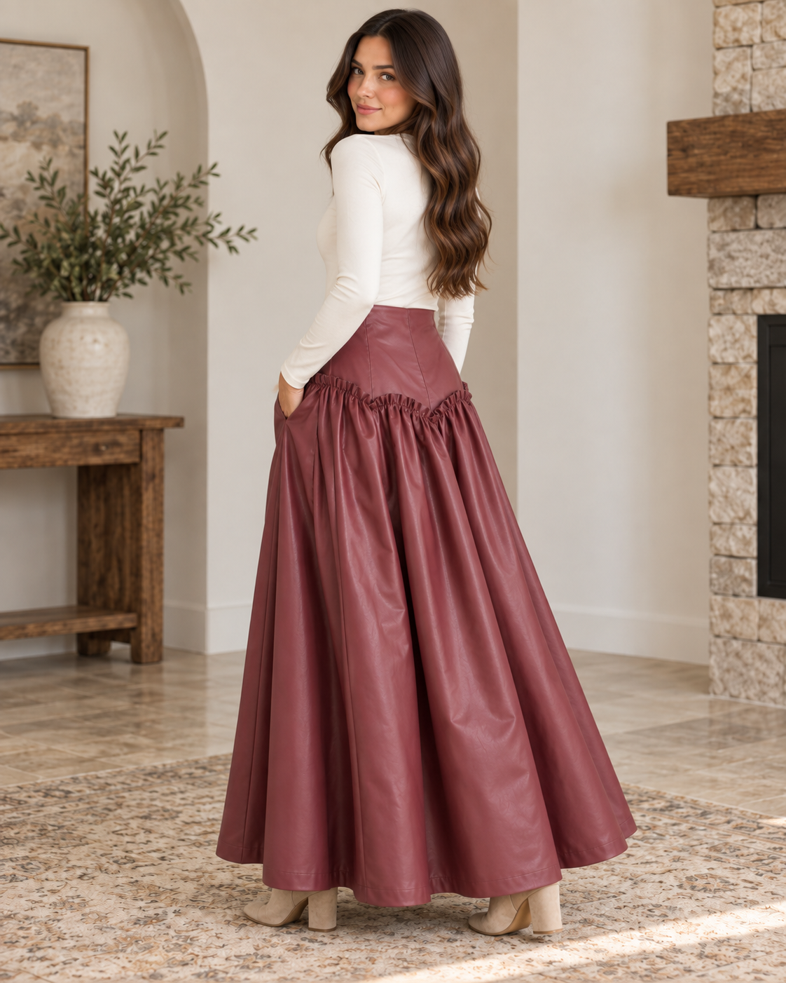 HEYSON Muted Wine Faux Leather Drop-Waist Maxi Skirt lifestyle view 3