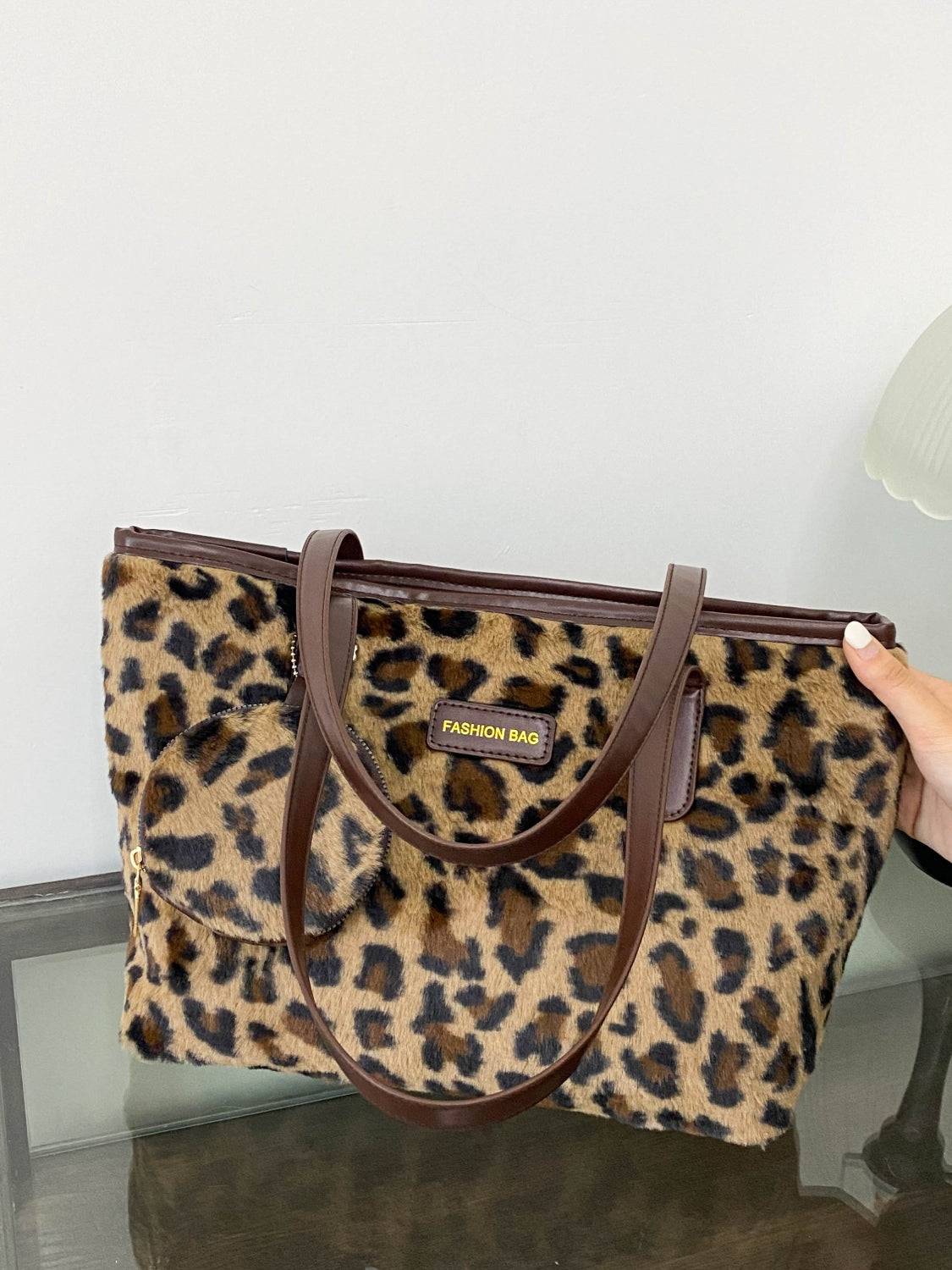 Leopard Faux Fur Tote Bag with Coin Purse