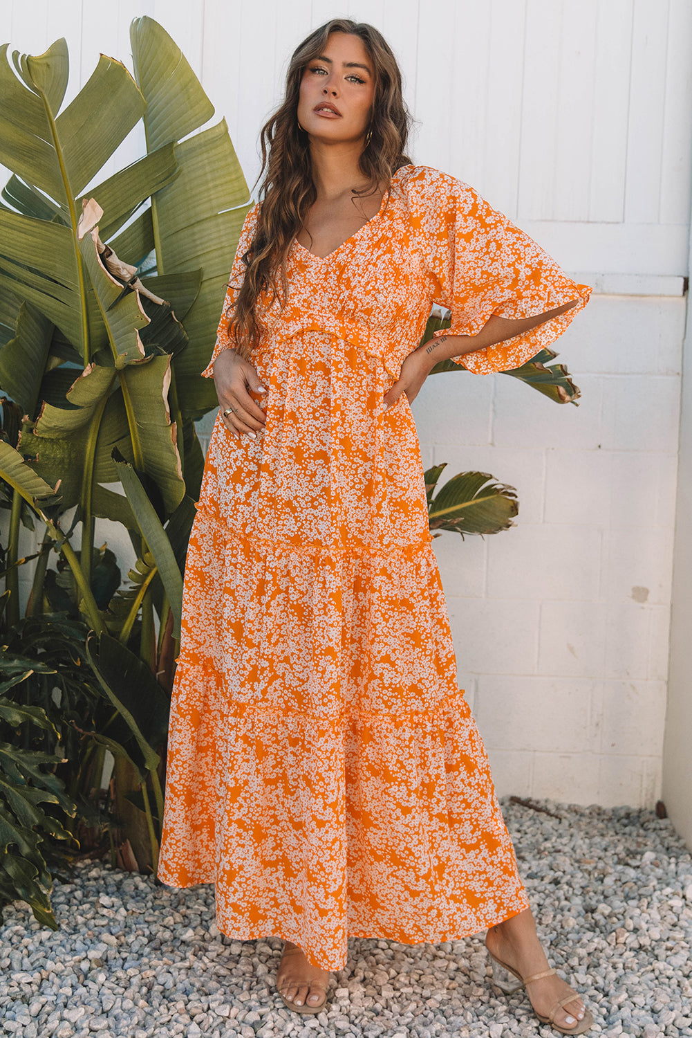 Orange Floral Print Smocked V Neck Wide Sleeve Maxi Dress