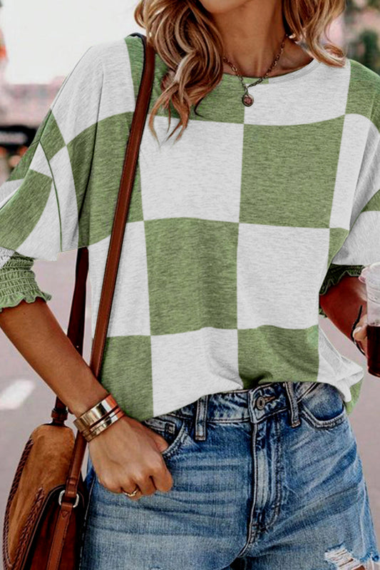 Checkered Round Neck Lantern Sleeve Top