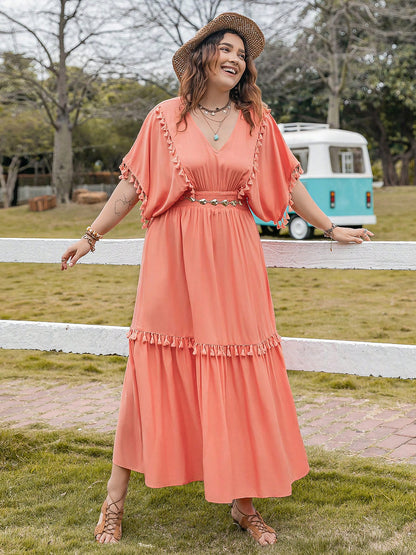 Plus Size Tassel Trim V-Neck Short Sleeve Ruffle Hem Dress