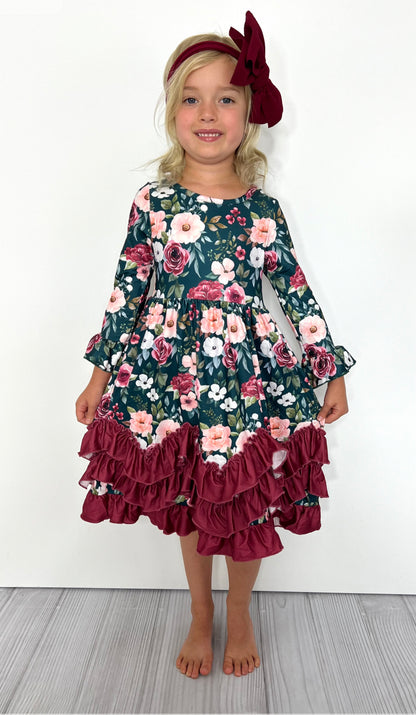 Jade Rose Floral Girls Ruffle Maxi Dress