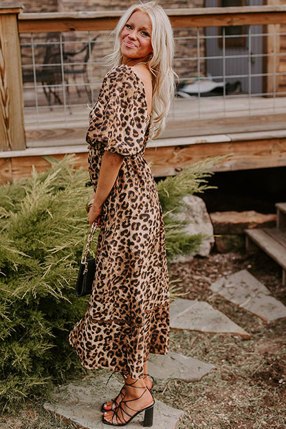 Brown Leopard Print Bubble Sleeve Square Neck Maxi Dress