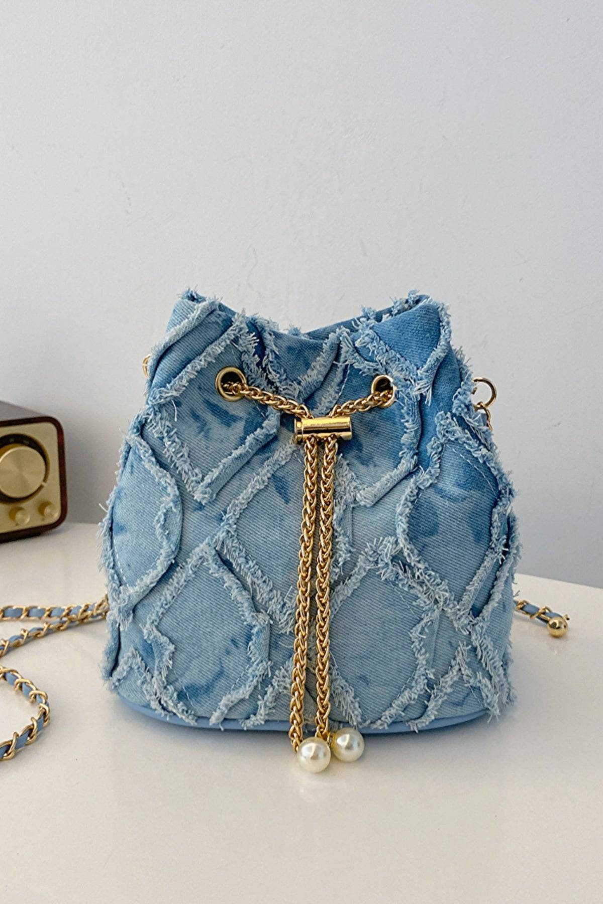 Chain Drawstring Raw Edge Denim Bucket Bag