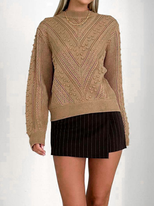 Perfee Openwork Round Neck Long Sleeve Sweater