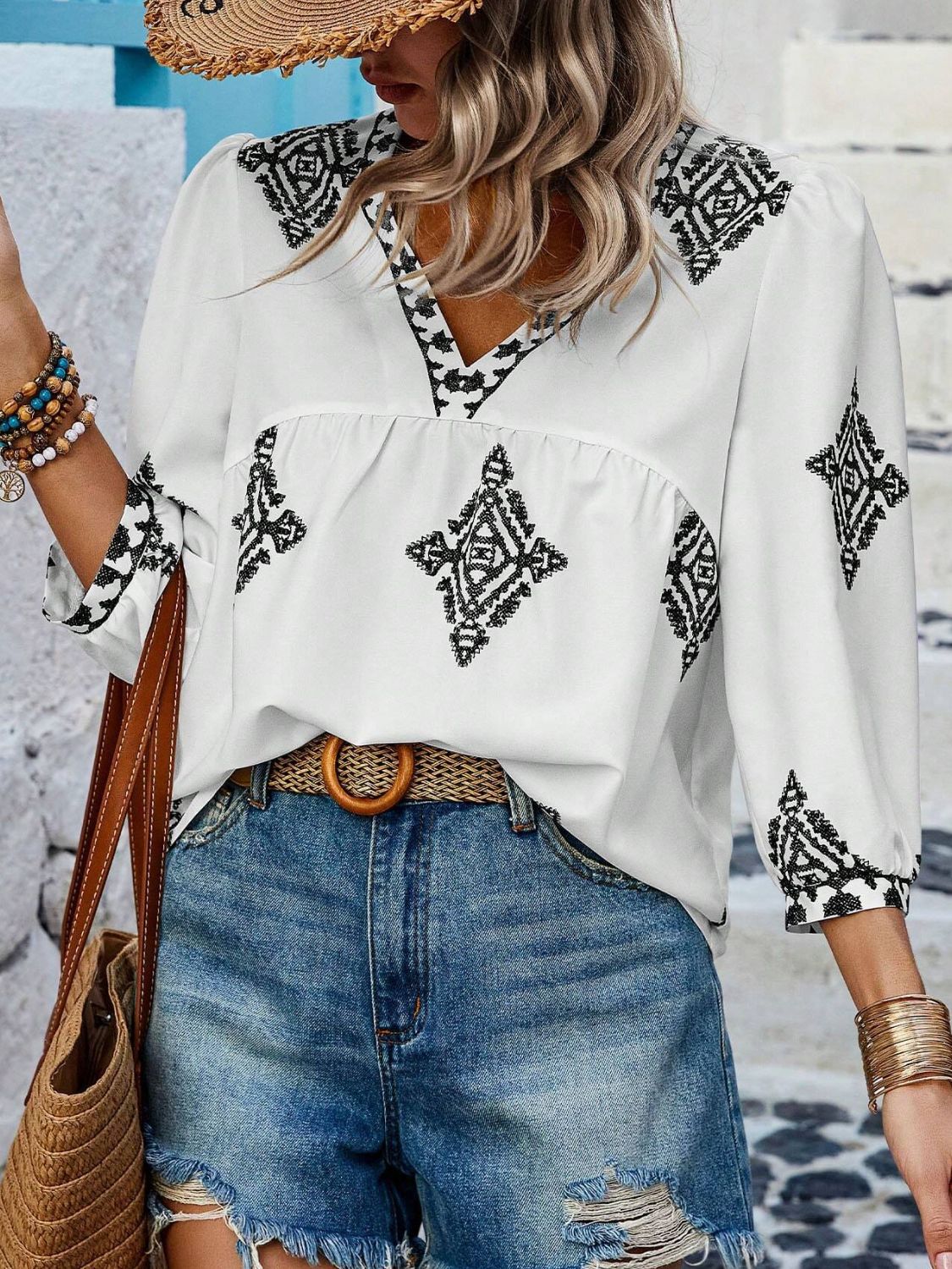 Printed V-Neck Three-Quarter Sleeve Blouse