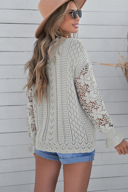 Openwork Lantern Sleeve Dropped Shoulder Sweater