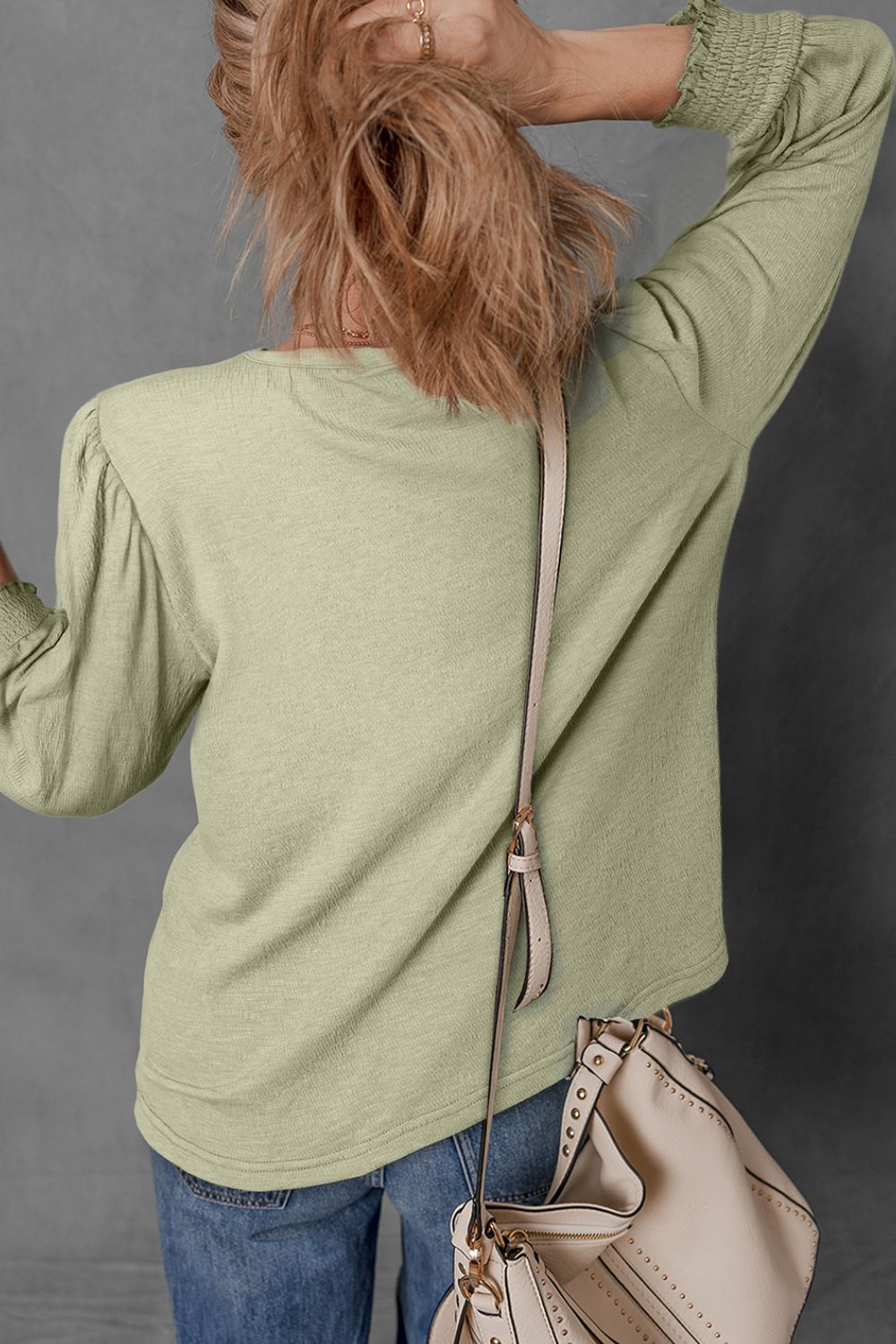 Textured Round Neck Three-Quarter Sleeve Blouse