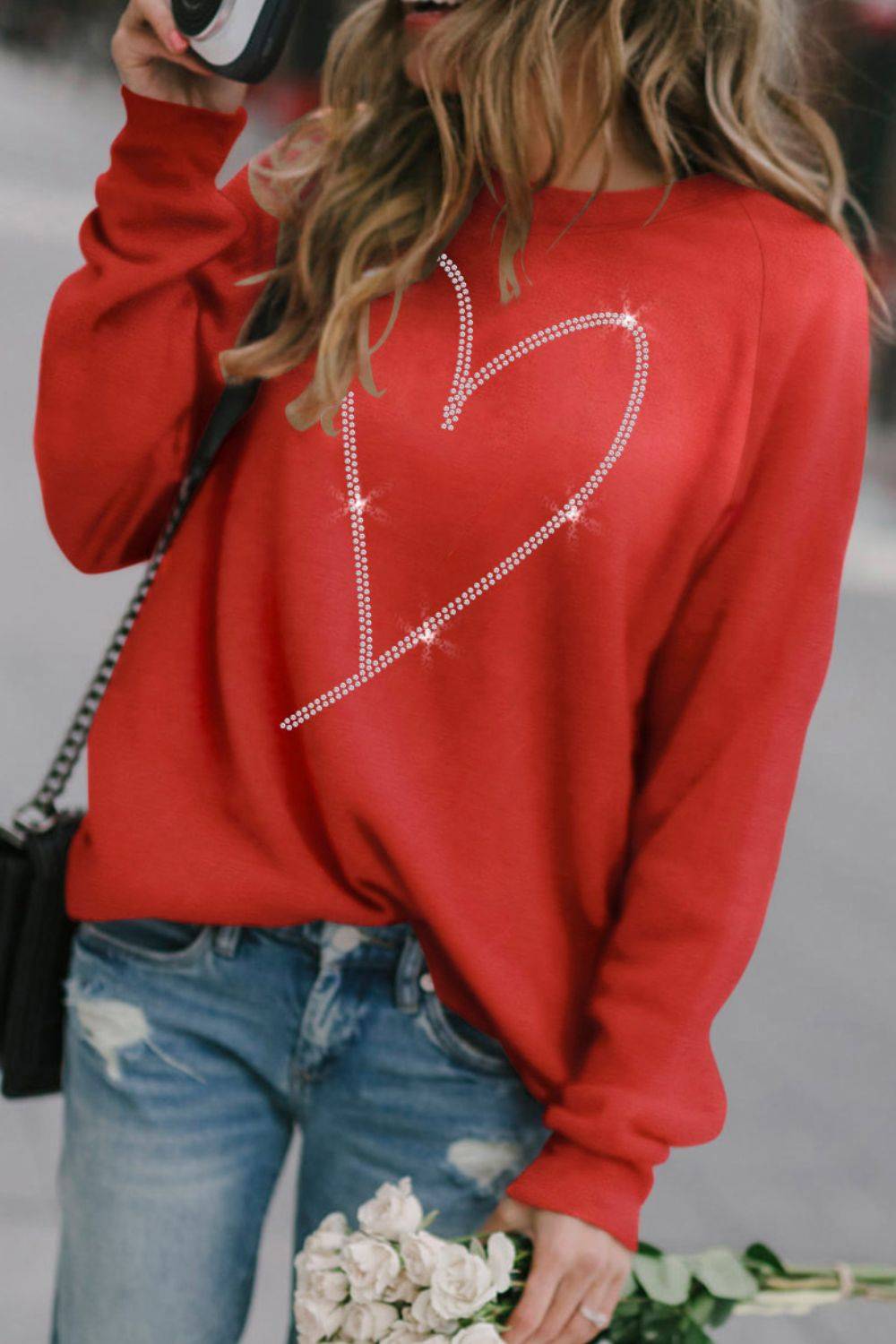 Valentine's Day Rhinestone Heart Long Sleeve Sweatshirt