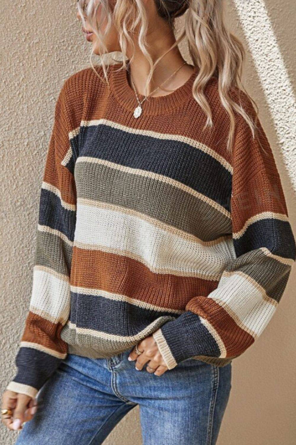 Contrast Striped Round Neck Long Sleeve Sweater