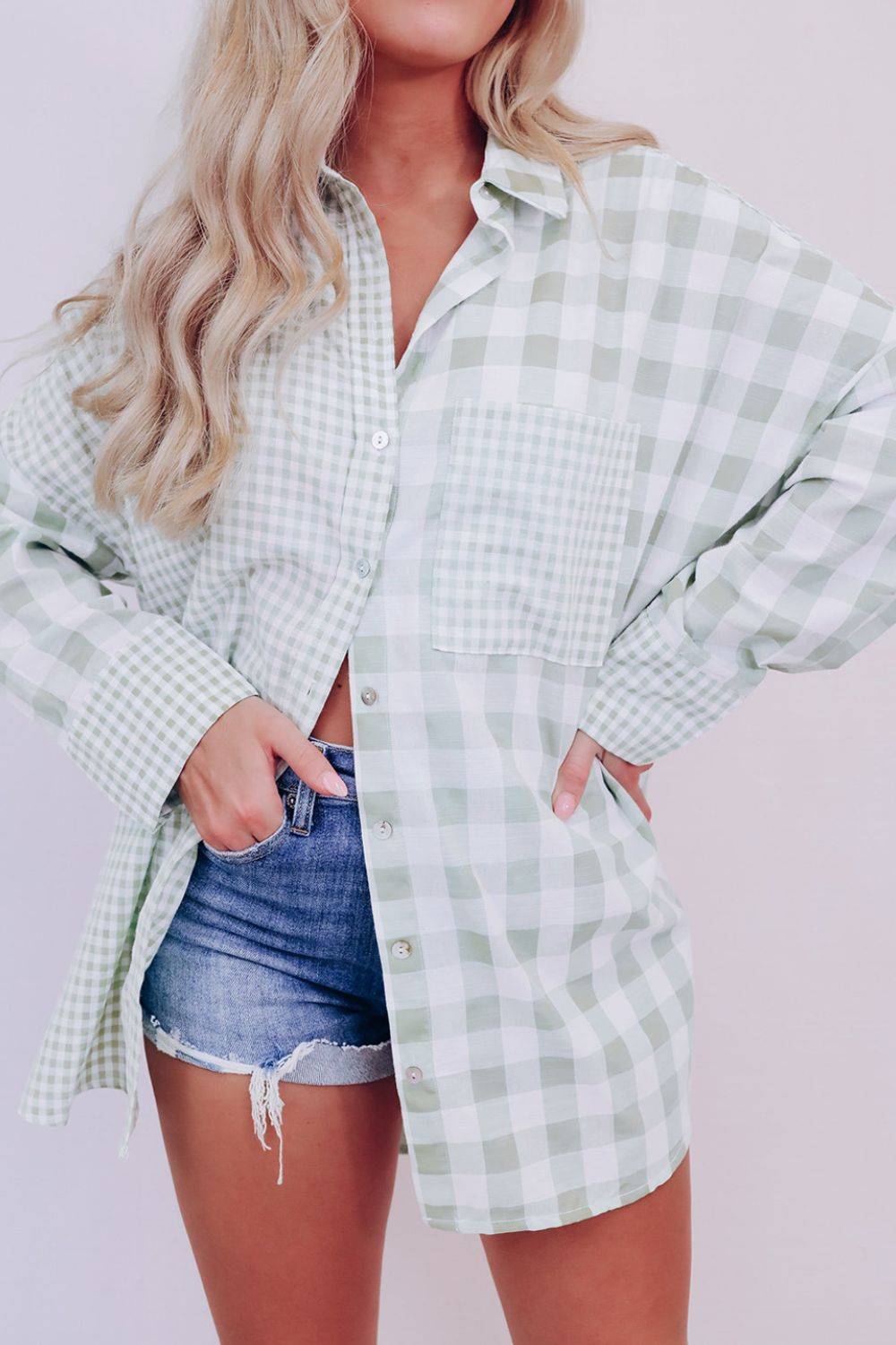 Pocketed Plaid Collared Neck Long Sleeve Shirt