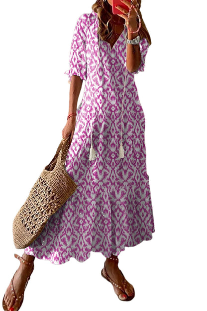 Pink V Neck Casual Geometric Print Maxi Dress