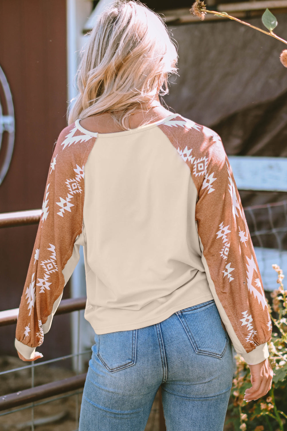 Apricot Western Print Patch Long Sleeve Top