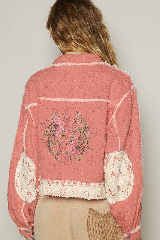 POL Crochet Patch Embroidered Button Up Jacket