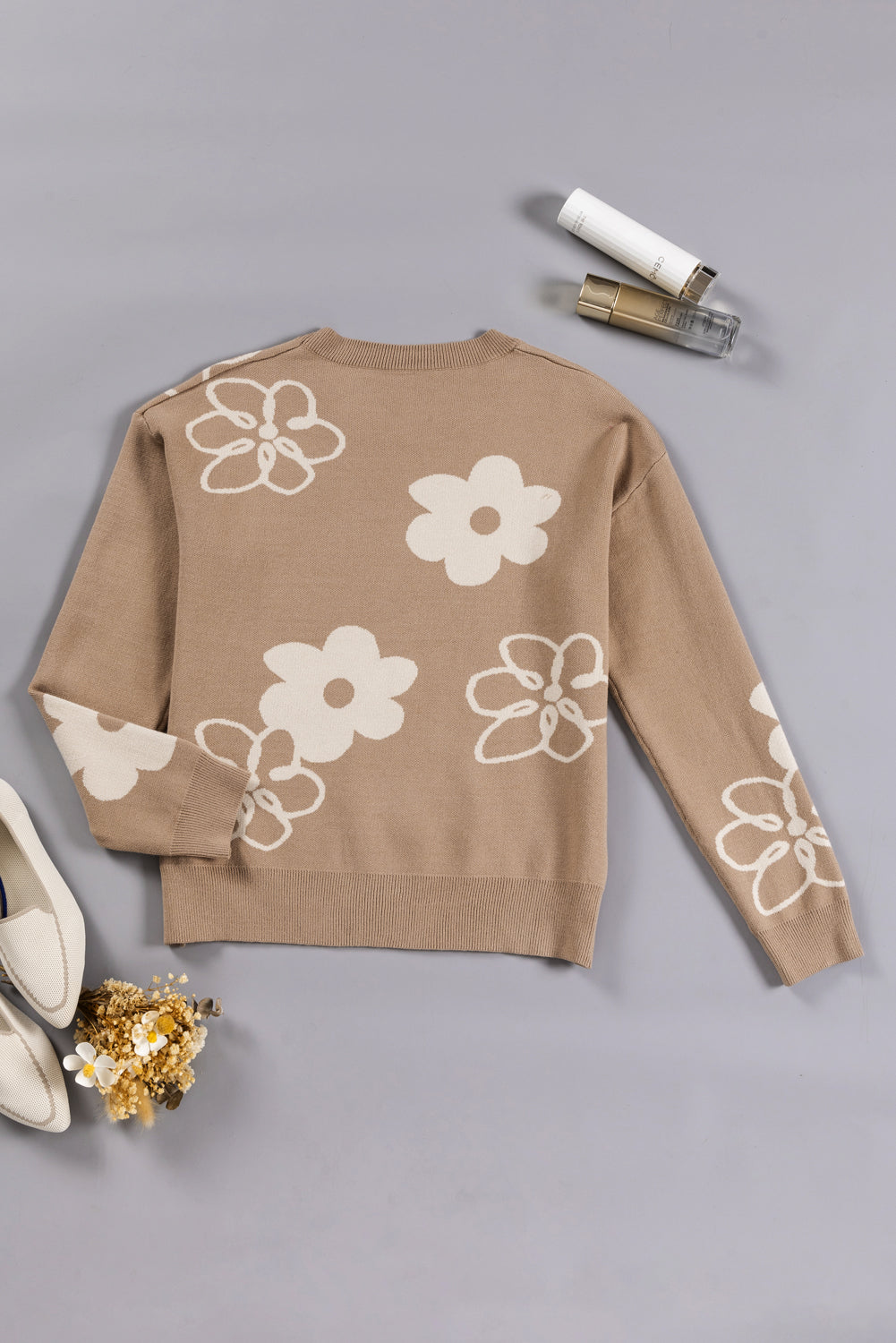 Flower Round Neck Dropped Shoulder Sweater